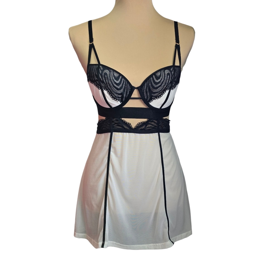 Women's Auden Elegant Black and White Lace Babydoll Slip Dress Lingerie - Small
